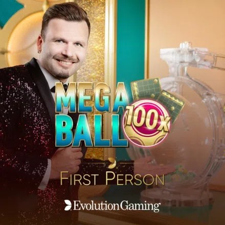 First Person Mega Ball online game logo by Evolution on spinko24casino.com